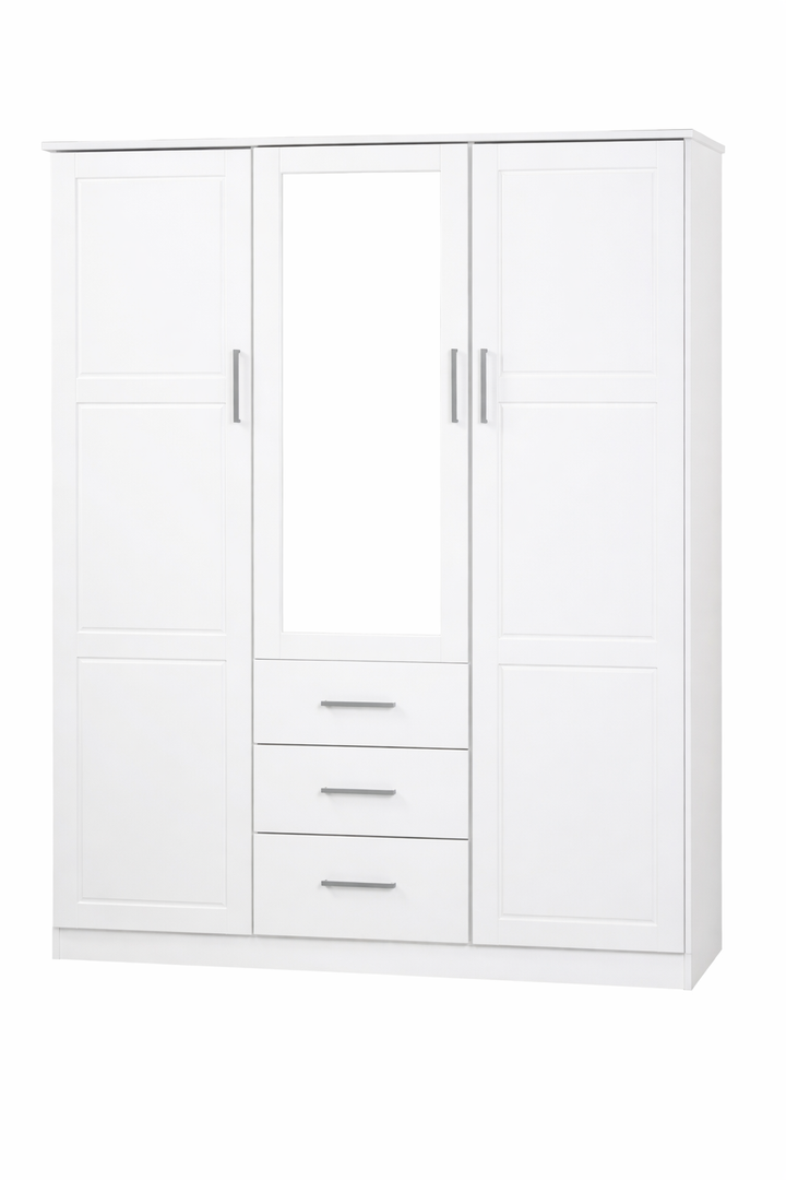 100% Solid Wood Cosmo 3-Door Wardrobe Armoire with Mirrored, Solid Wood Doors
