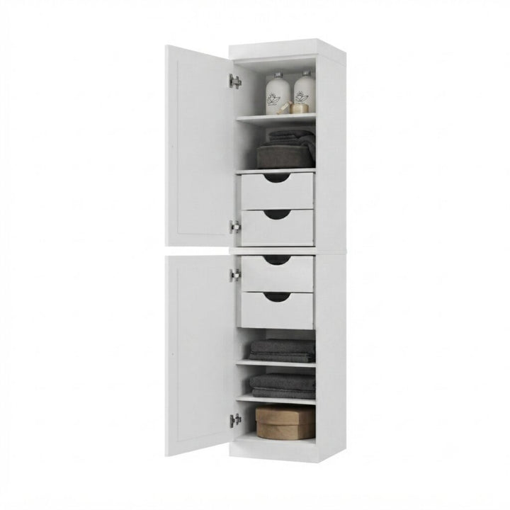 100% Solid Wood Bathroom Storage Cabinet, Raised Panel Doors, 4 Drawers, Adjustable Shelves, 16.5" Wide, 71.5" Tall