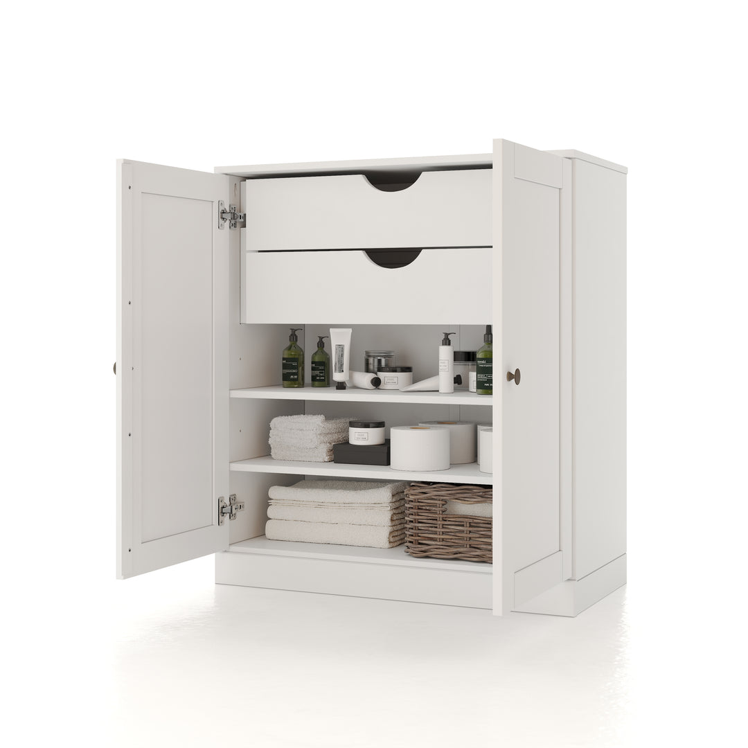 100% Solid Brazilian Pine Wood Bathroom Storage Cabinet, Shaker Doors, 2 Drawers, Adjustable Shelves, 32" Wide, 35.75" Tall