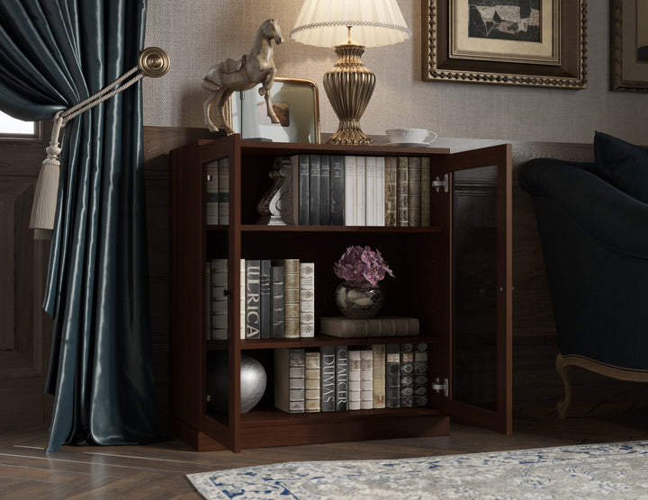 Premium 100% Solid European Oak Hardwood 3-Shelf Modular Bookcase with Tinted Glass Doors – 32" Wide, 35.75" Tall