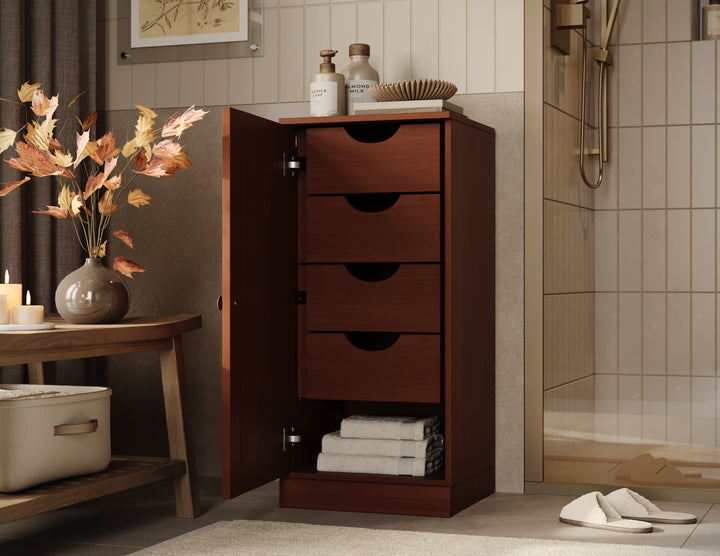 100% Solid Wood Bathroom Storage Cabinet, Raised Panel Door, 4 Drawers, Adjustable Shelves, 16.5" Wide, 35.75" Tall