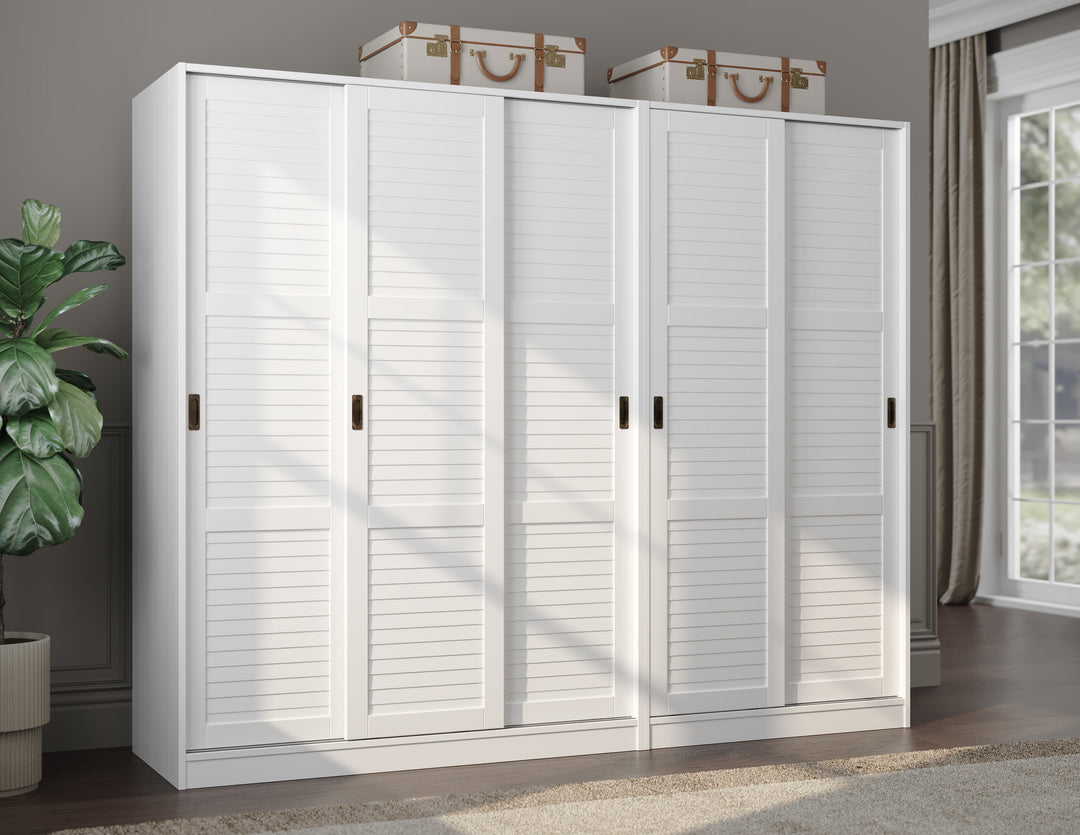 100% Solid Brazilian Pine Wood 5-Sliding Wardrobe with Louvered Doors, 70-110” Wardrobes - Palace Imports