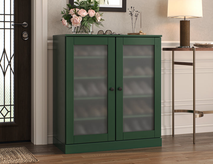 100% Solid Wood Frosted Glass Door Shoe Storage Cabinet with Adjustable Shelves, Space Saving Stackable Entryway Organizer, 32" W x 35.75" H