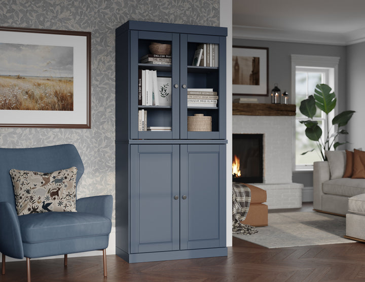 100% Solid Wood 6-Shelf 32" Bookcase, 2 Glass Doors, 2 Raised Panel Doors, Adjustable Shelves