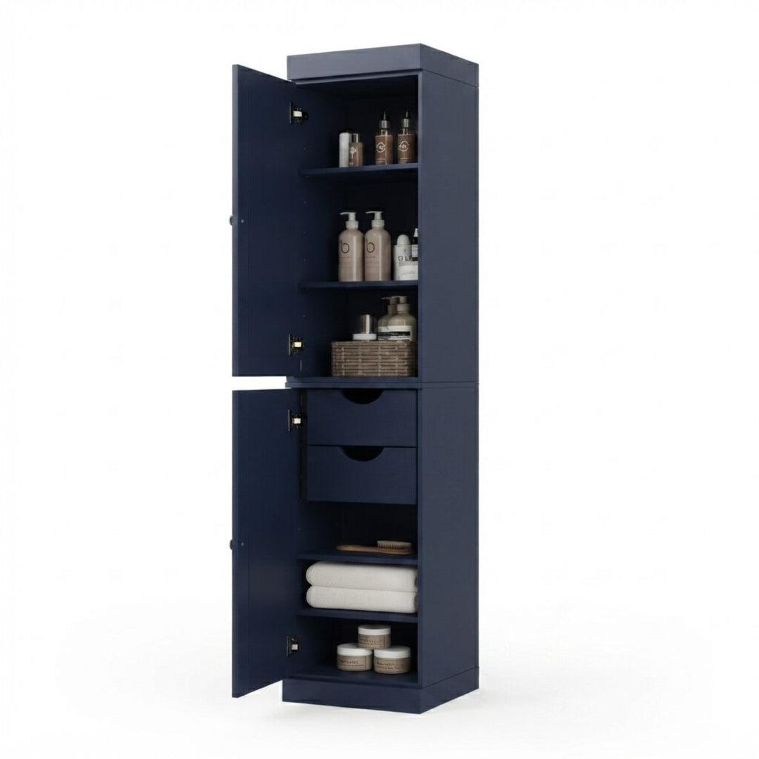 100% Solid Wood Bathroom Storage Cabinet, Raised Panel Doors, 2 Drawers, Adjustable Shelves, 16.5" Wide, 71.5" Tall