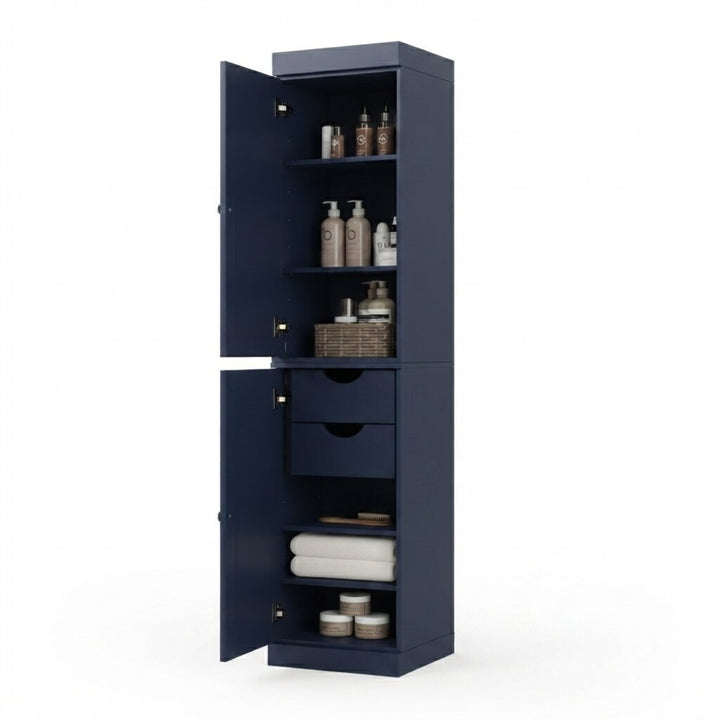 100% Solid Wood Bathroom Storage Cabinet, Raised Panel Doors, 2 Drawers, Adjustable Shelves, 16.5" Wide, 71.5" Tall