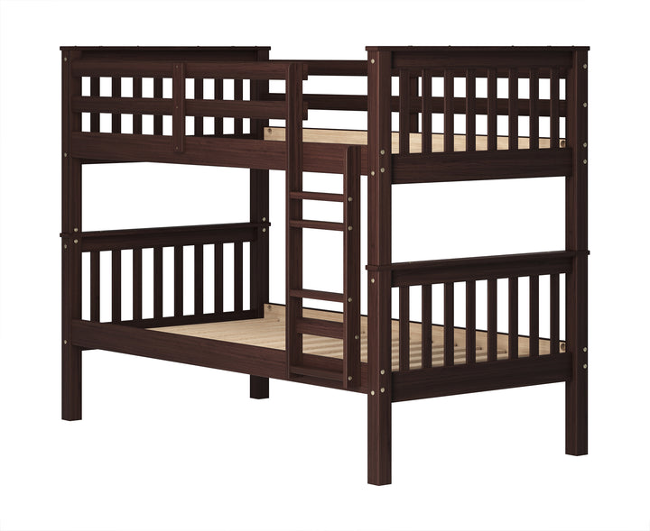 100% Solid Wood Twin Over Twin Bunk Bed with Ladder, Guardrails & Convertible 2 Twin Beds – Mission Collection
