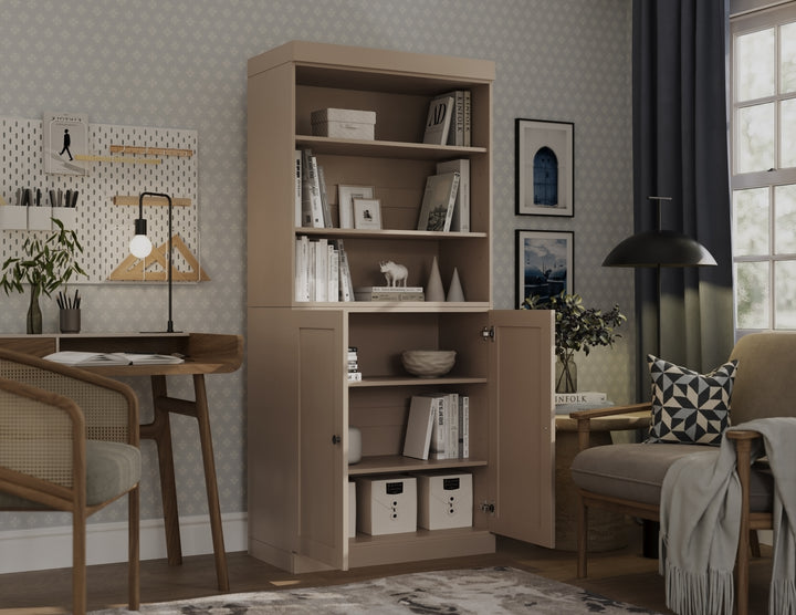 100% Solid Wood 6-Shelf 32" Bookcase Cabinet, 2 Solid Shaker Wood Doors, Adjustable Shelves