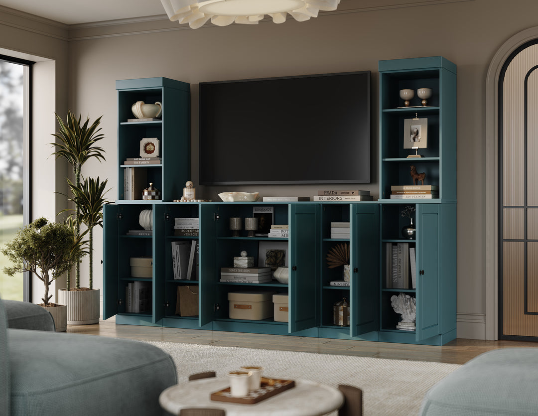 100% Solid Wood 7-Piece Entertainment Center Wall Unit with Storage, Open Cabinets & Raised Panel Doors, Adjustable Shelves, 98" W x 71.5" H