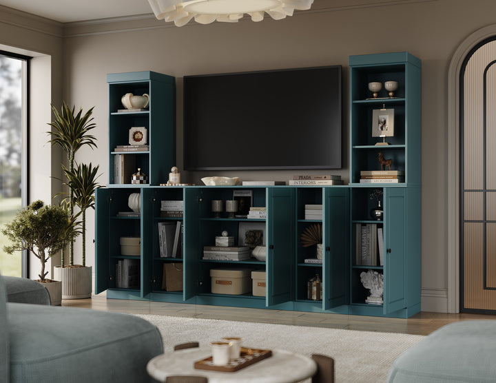 100% Solid Wood 7-Piece Entertainment Center Wall Unit with Storage, Open Cabinets & Raised Panel Doors, Adjustable Shelves, 98" W x 71.5" H