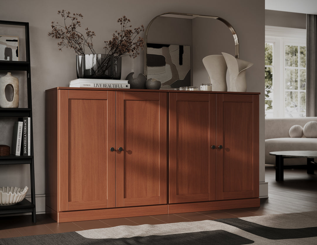 100% Solid Brazilian Pine Wood 64" Sideboard with Shaker Doors, 4-Drawers and Adjustable Shelves