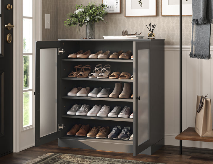 100% Solid Wood Frosted Glass Door Shoe Storage Cabinet with Adjustable Shelves, Space Saving Stackable Entryway Organizer, 32" W x 35.75" H