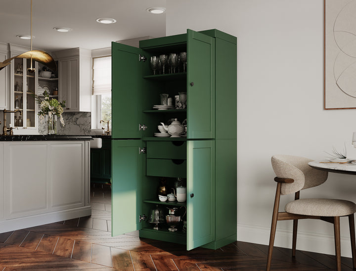 100% Solid Wood 32" Pantry Cabinet, Shaker Wood Doors, 2-Drawers