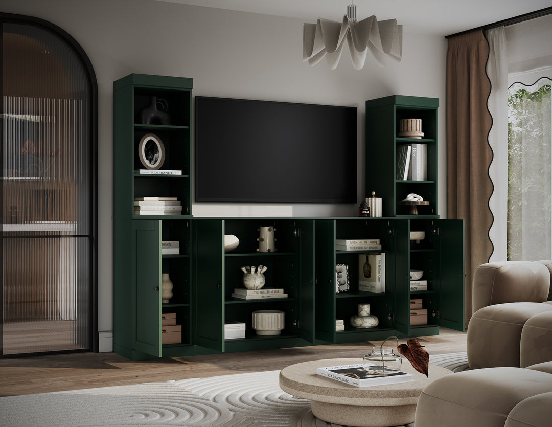 100% Solid Wood 6-Piece Entertainment Center Wall Unit with Storage, Open Cabinets & Shaker Doors, Adjustable Shelves, 97" W x 71.5" H