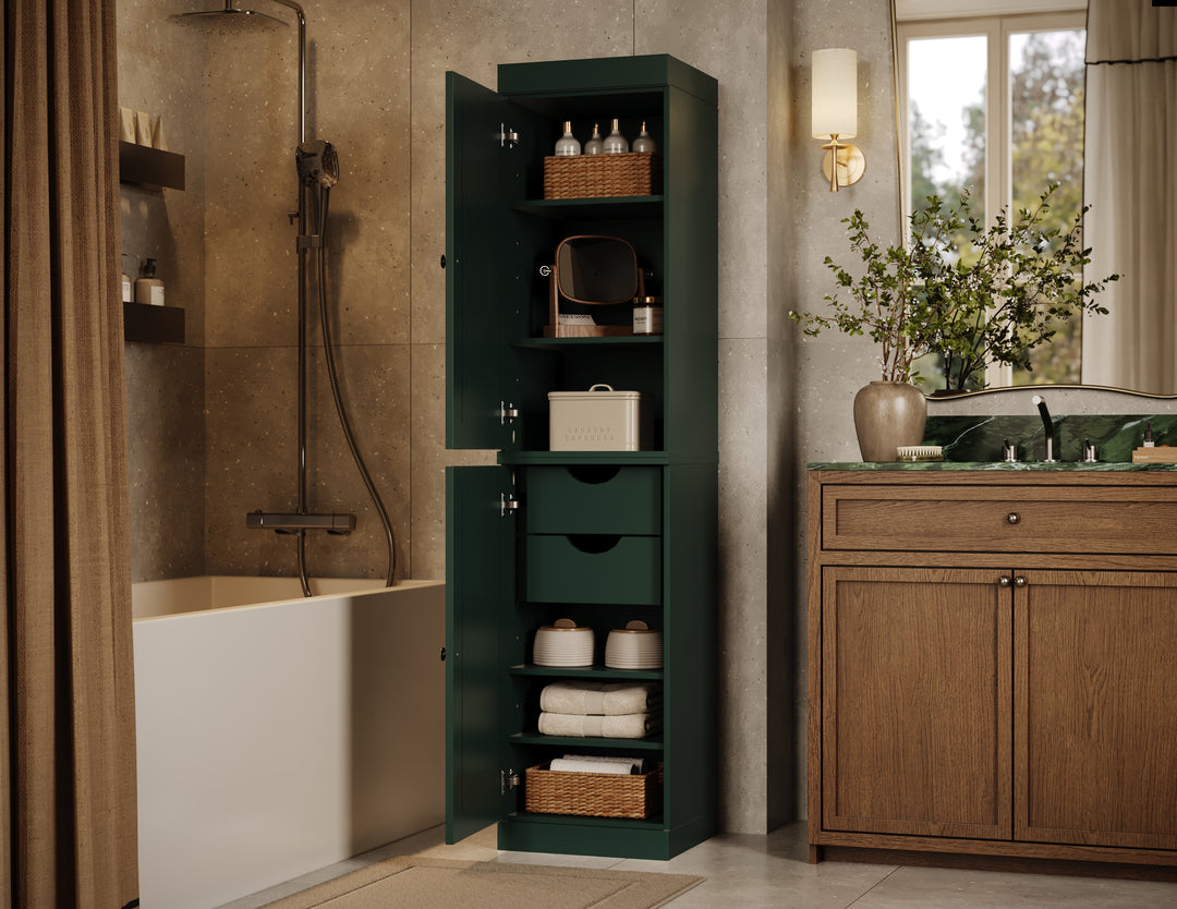 100% Solid Wood Bathroom Storage Cabinet, Raised Panel Doors, 2 Drawers, Adjustable Shelves, 16.5" Wide, 71.5" Tall