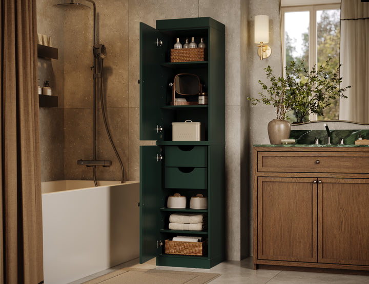 100% Solid Wood Bathroom Storage Cabinet, Raised Panel Doors, 2 Drawers, Adjustable Shelves, 16.5" Wide, 71.5" Tall