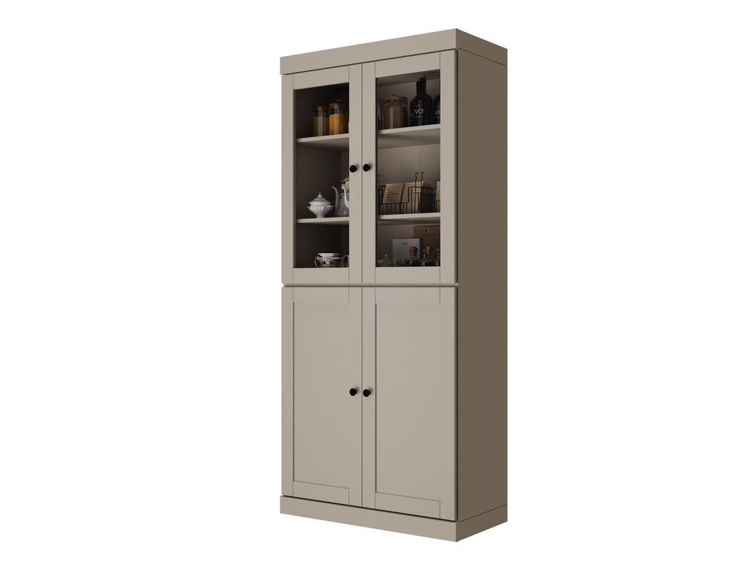 100% Solid Wood 32" Pantry Cabinet, 2 Clear Glass, 2 Shaker Doors, 2-Drawers