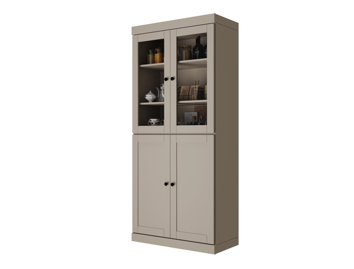 100% Solid Wood 32" Pantry Cabinet, 2 Clear Glass, 2 Shaker Doors, 2-Drawers