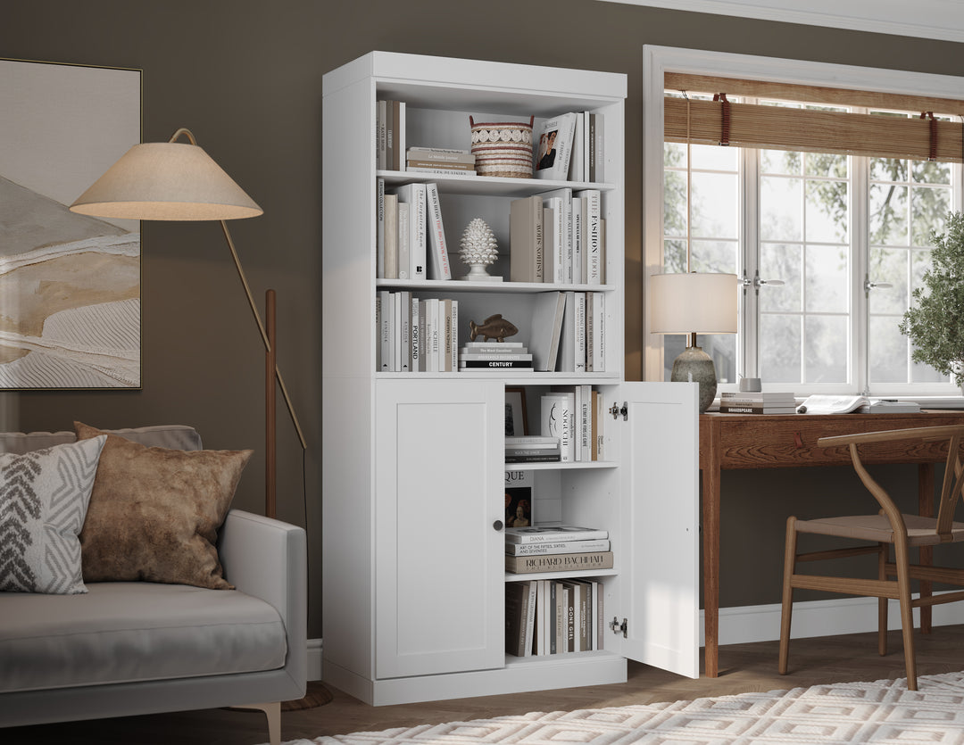 100% Solid Wood 6-Shelf 32" Bookcase Cabinet, 2 Solid Shaker Wood Doors, Adjustable Shelves