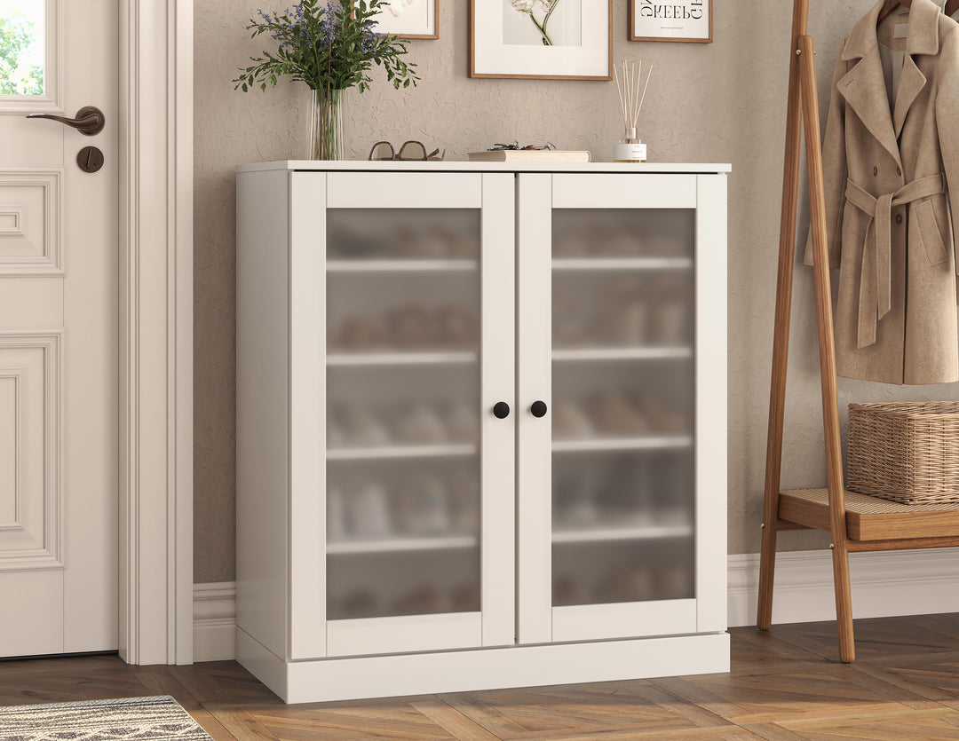 100% Solid Wood Frosted Glass Door Shoe Storage Cabinet with Adjustable Shelves, Space Saving Stackable Entryway Organizer, 32" W x 35.75" H