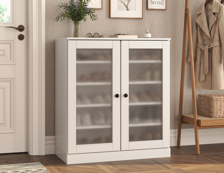 100% Solid Wood Frosted Glass Door Shoe Storage Cabinet with Adjustable Shelves, Space Saving Stackable Entryway Organizer, 32" W x 35.75" H