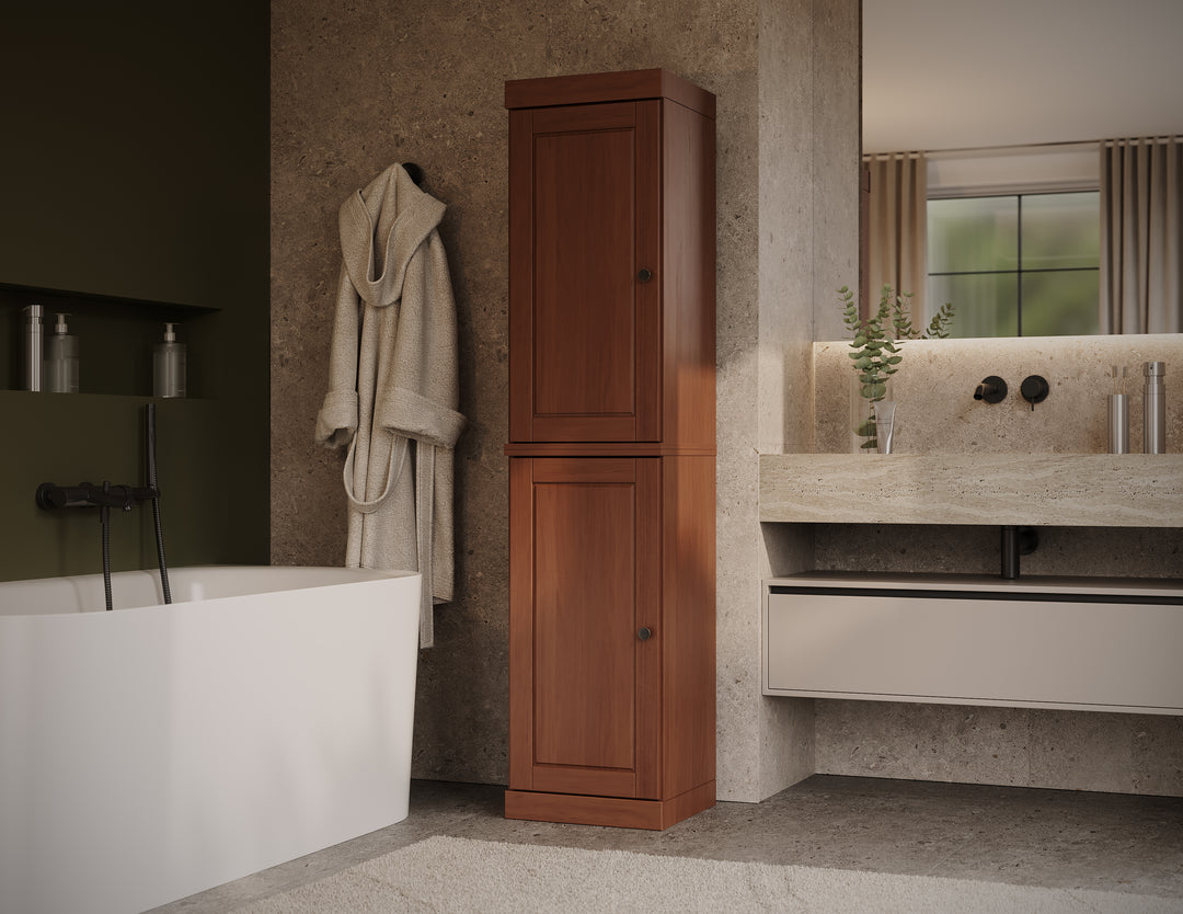 100% Solid Wood Bathroom Storage Cabinet, Raised Panel Doors, 2 Drawers, Adjustable Shelves, 16.5" Wide, 71.5" Tall
