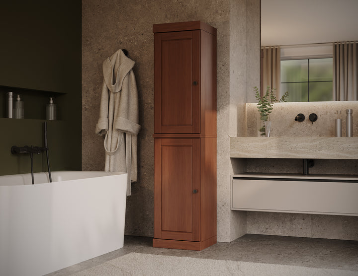 100% Solid Wood Bathroom Storage Cabinet, Raised Panel Doors, 2 Drawers, Adjustable Shelves, 16.5" Wide, 71.5" Tall