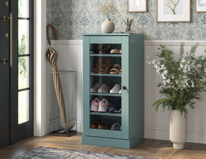 100% Solid Wood Narrow Glass Door Shoe Storage Cabinet with Adjustable Shelves, Space Saving Stackable Organizer, 16.5" W x 35.75" H