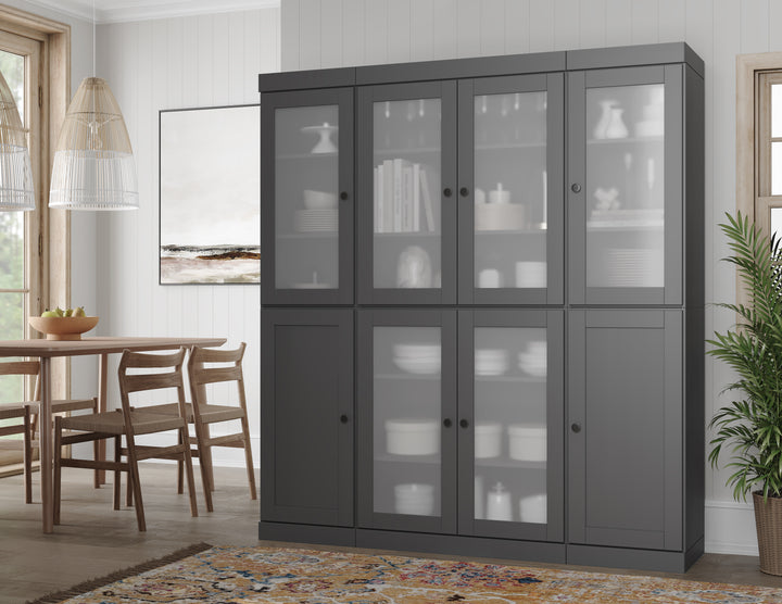Gray 65" Solid Wood Kitchen Pantry Cabinet with Frosted Glass & Shaker Doors & 2 Drawers