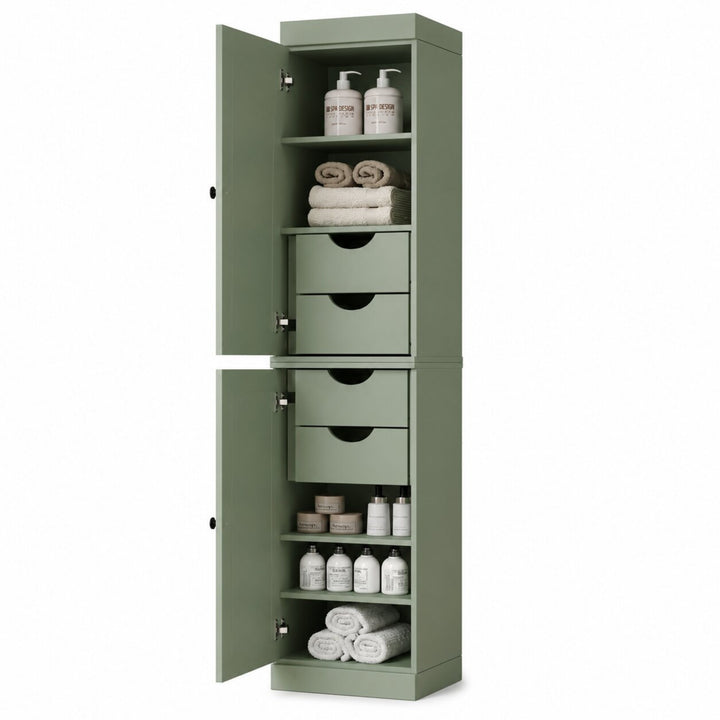 100% Solid Wood Bathroom Storage Cabinet, Raised Panel Doors, 4 Drawers, Adjustable Shelves, 16.5" Wide, 71.5" Tall