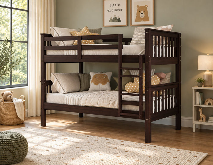 100% Solid Wood Twin Over Twin Bunk Bed with Ladder, Guardrails & Convertible 2 Twin Beds – Mission Collection