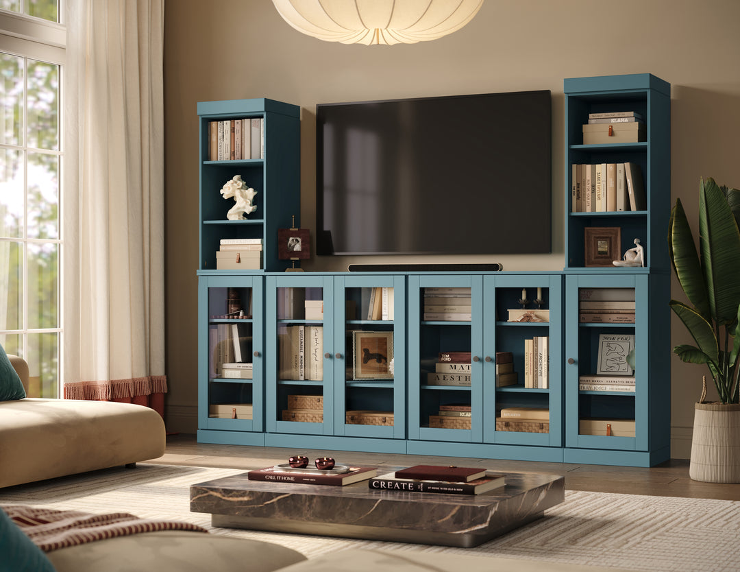 100% Solid Wood 6-Piece Entertainment Center Wall Unit with Storage, Open Cabinets & Glass Doors, Adjustable Shelves, 97" W x 71.5" H
