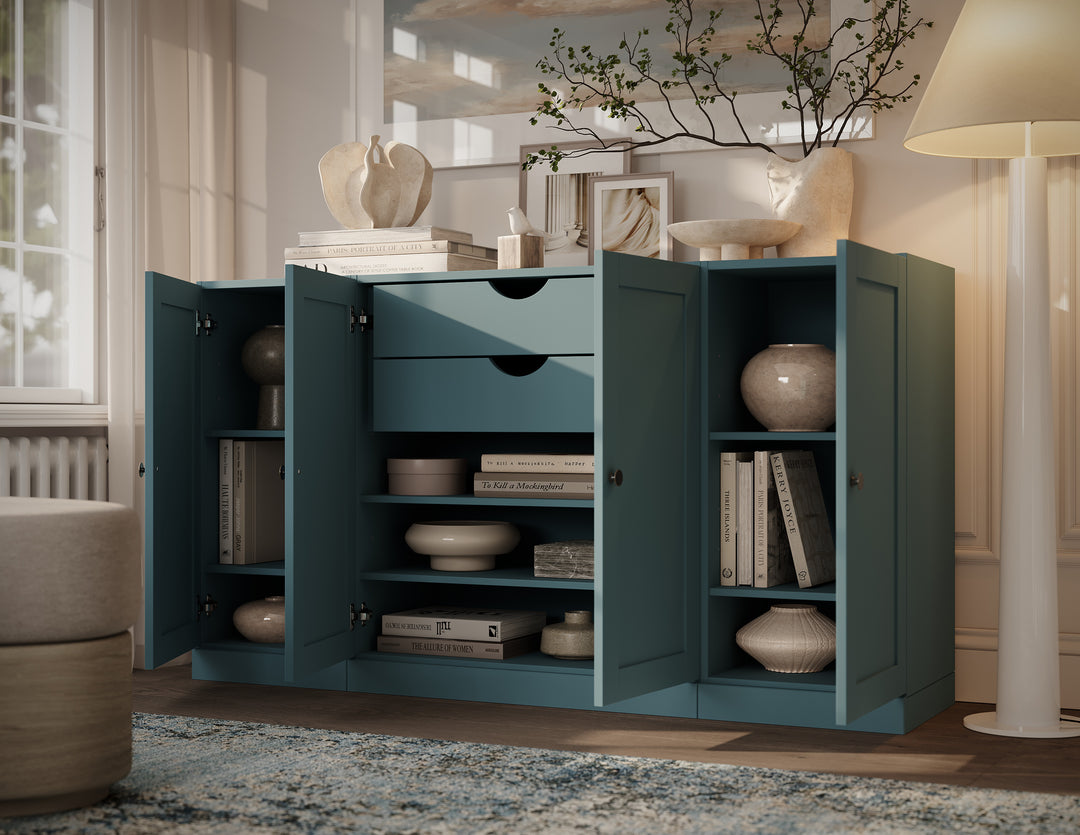 100% Solid Brazilian Pine Wood Sideboard, Shaker Doors, 2 Drawers, Adjustable Shelves, 65" Wide, 35.75" Tall