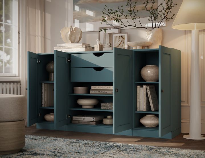 100% Solid Brazilian Pine Wood Sideboard, Shaker Doors, 2 Drawers, Adjustable Shelves, 65" Wide, 35.75" Tall