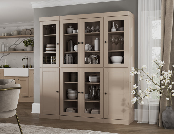 100% Solid Wood 65" China Pantry Cabinet, 6 Clear Glass, 2 Shaker Wood Doors