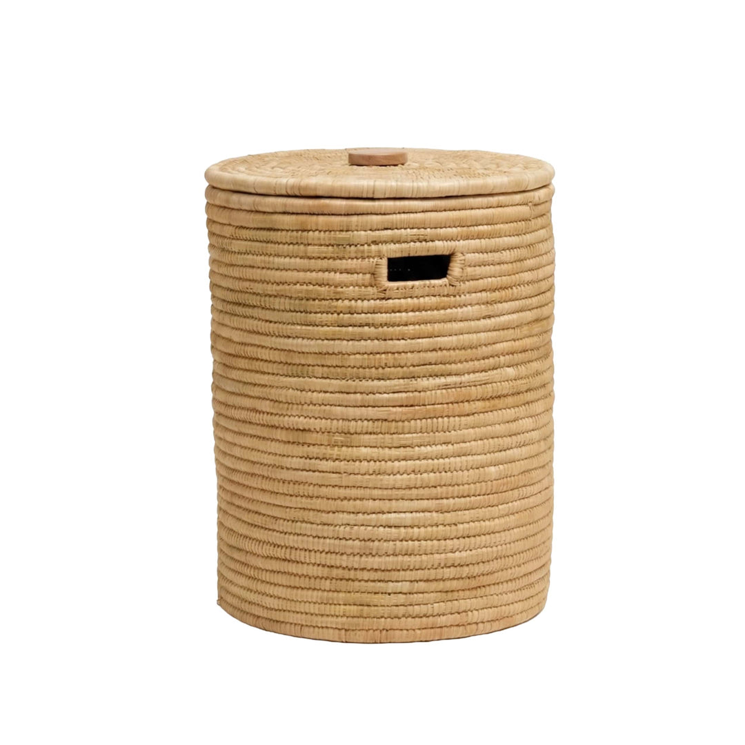 100% Handwoven Natural Rattan 19" Round Basket with Lid & Handles, Boho Farmhouse Decorative Laundry & Storage Organizer, Handcrafted – Authentic African Craftsmanship, Baskets - Palace Imports