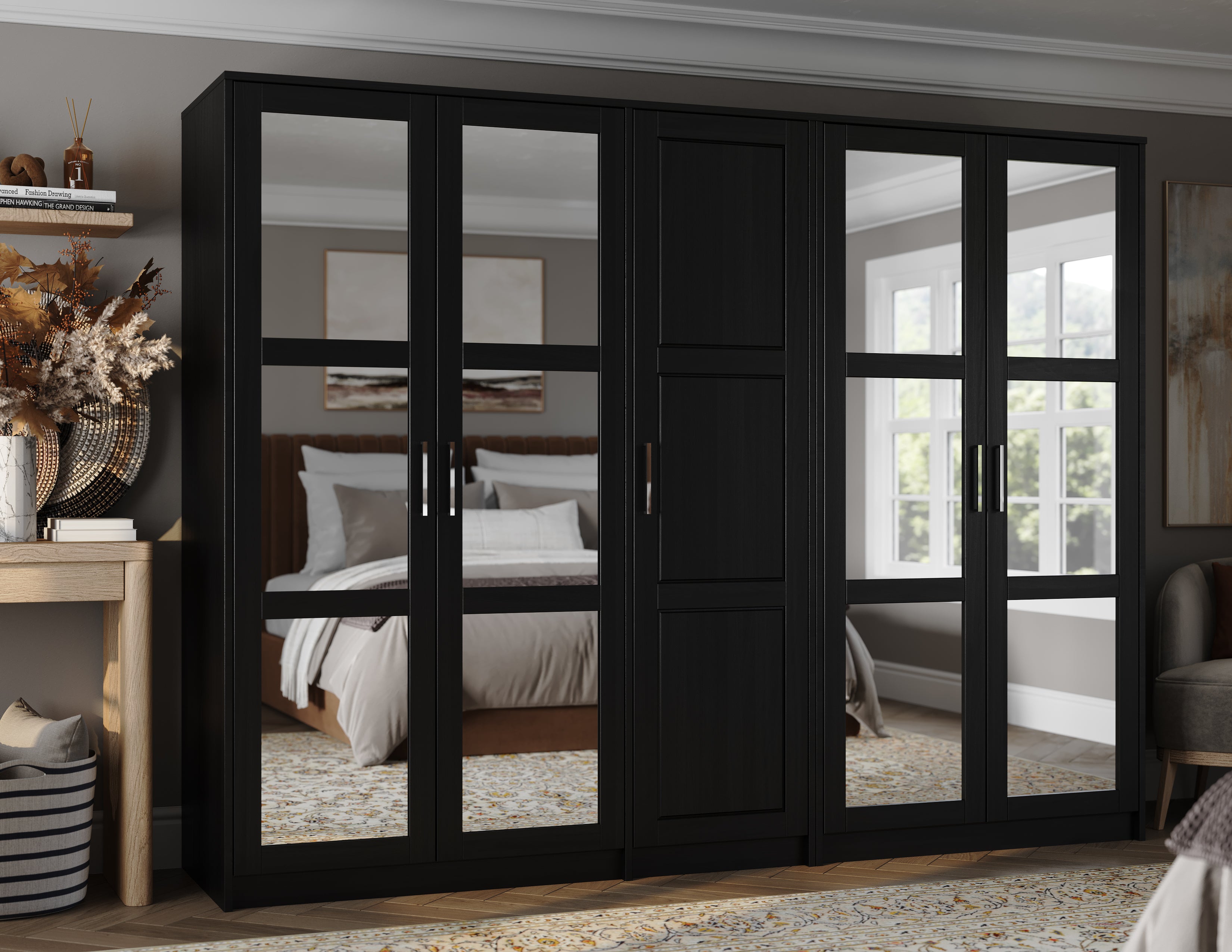 100% Solid Brazilian Pine Wood Urban 5-Door Wardrobe with Mirrored