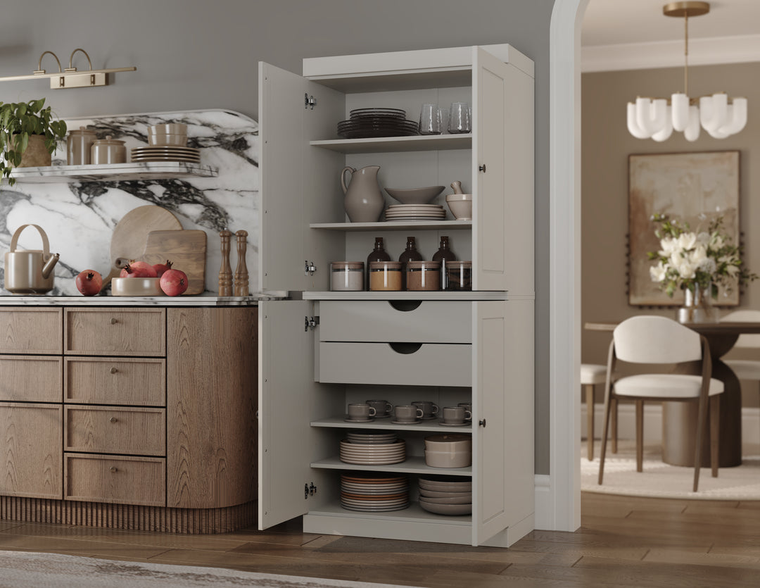 100% Solid Wood Kitchen Pantry Cabinet, Tall Freestanding Modular Storage with Raised Panel Doors & 2 Drawers, Adjustable Shelves, 32" W x 71.5" H