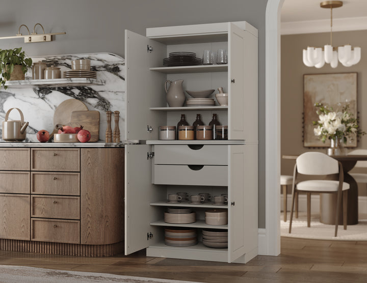 100% Solid Wood Kitchen Pantry Cabinet, Tall Freestanding Modular Storage with Raised Panel Doors & 2 Drawers, Adjustable Shelves, 32" W x 71.5" H
