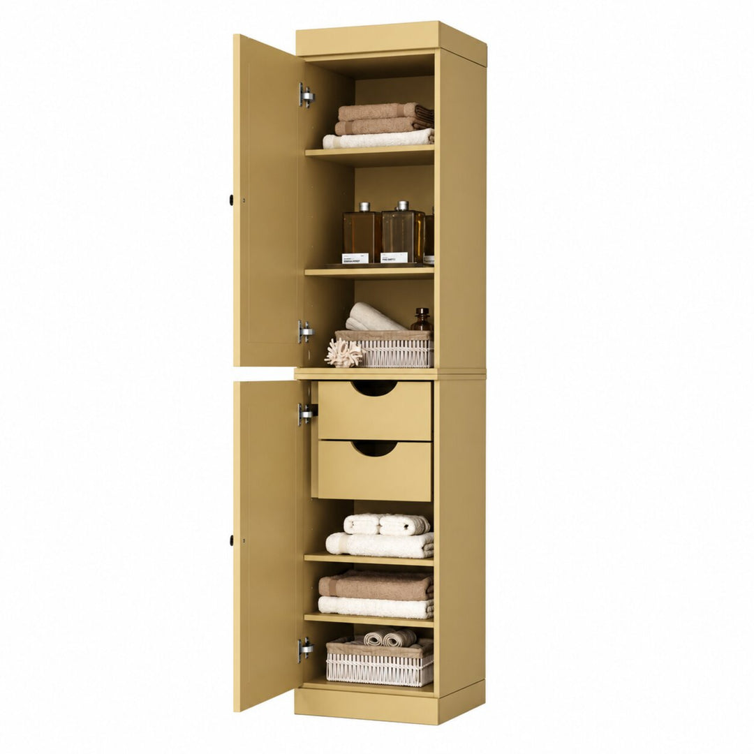 100% Solid Wood Bathroom Storage Cabinet, Shaker Doors, 2 Drawers, Adjustable Shelves, 16.5" Wide, 71.5" Tall