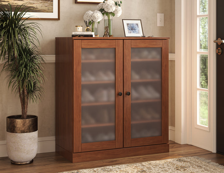 100% Solid Wood Frosted Glass Door Shoe Storage Cabinet with Adjustable Shelves, Space Saving Stackable Entryway Organizer, 32" W x 35.75" H