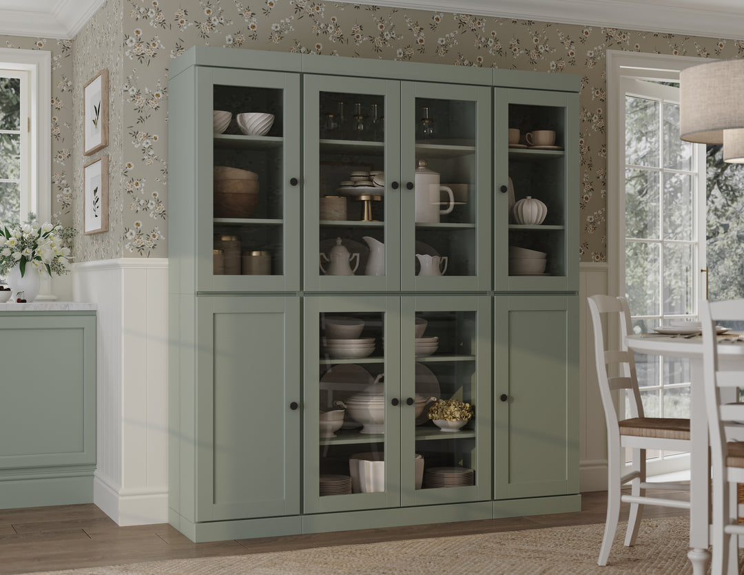100% Solid Wood 65" China Pantry Cabinet, 6 Clear Glass, 2 Shaker Wood Doors