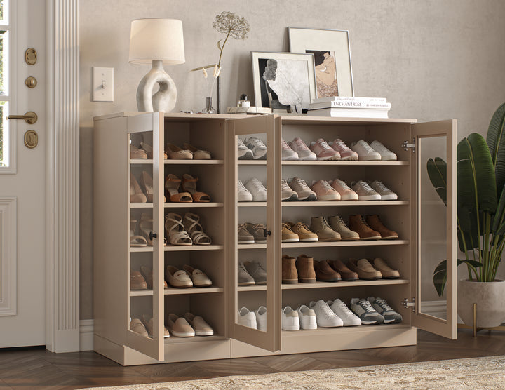 100% Solid Wood Glass Door Shoe Storage Cabinet, Adjustable Shelves, Space Saving Modular Entryway Organizer, 48.5" W x 35.75" H