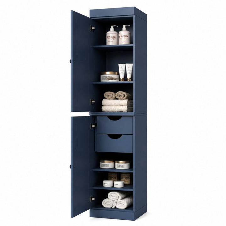 100% Solid Wood Bathroom Storage Cabinet, Raised Panel Doors, 2 Drawers, Adjustable Shelves, 16.5" Wide, 71.5" Tall