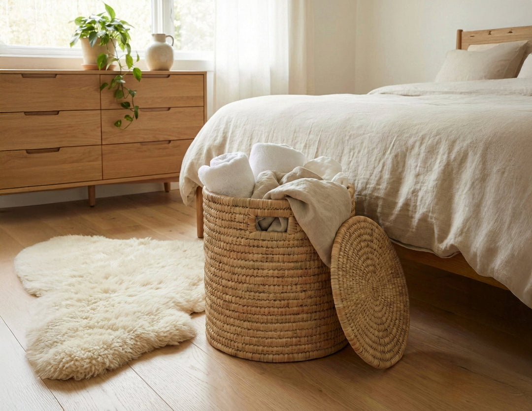 100% Handwoven Natural Rattan 15" Round Basket with Lid & Handles, Boho Farmhouse Decorative Laundry & Storage Organizer, Handcrafted – Authentic African Craftsmanship, Baskets - Palace Imports