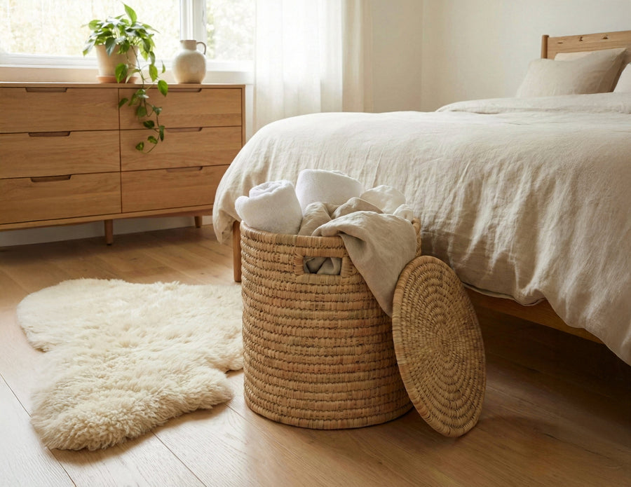 100% Handwoven Natural Rattan 15" Round Basket with Lid & Handles, Boho Farmhouse Decorative Laundry & Storage Organizer, Handcrafted – Authentic African Craftsmanship, Baskets - Palace Imports