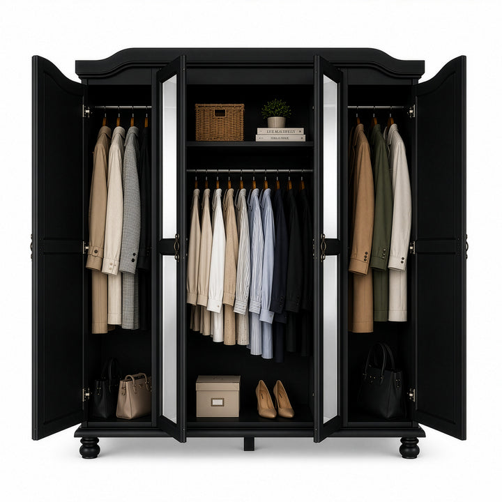 100% Solid Wood 4-Door Wardrobe Armoire with Mirrored Doors, Bedroom Closet Storage - Kyle Collection
