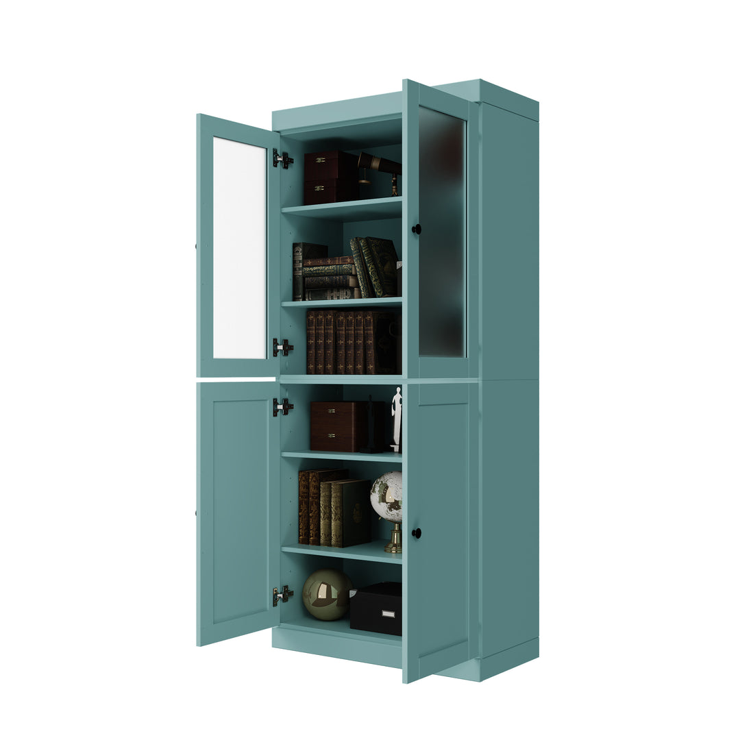 100% Solid Wood 6-Shelf 32" Bookcase, 2 Frosted Glass, 2 Shaker Wood Doors, Adjustable Shelves