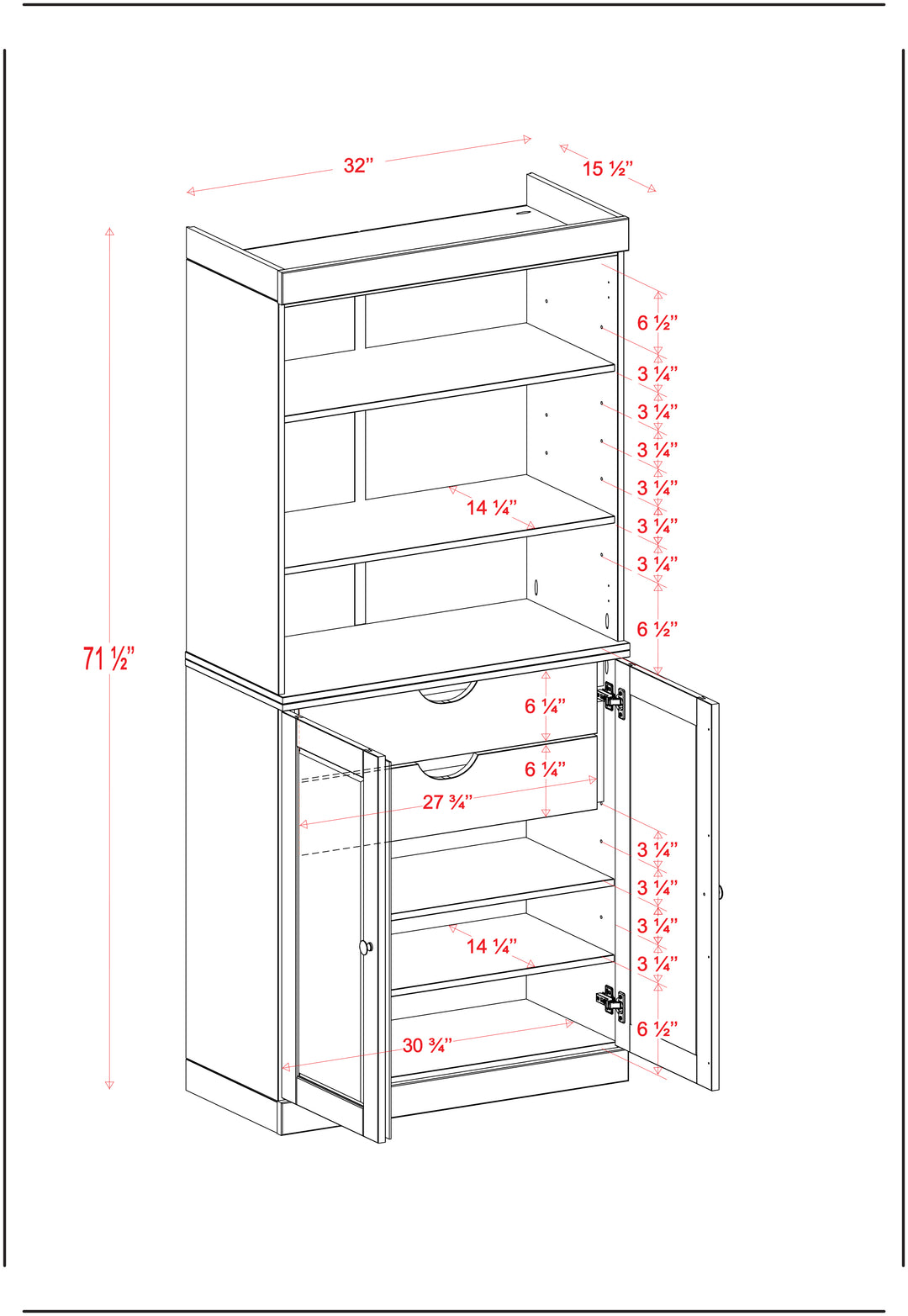 100% Solid Wood Kitchen Pantry Cabinet, Tall Freestanding Modular Storage with Open Shelf & Shaker Doors & 2 Drawers, Adjustable Shelves, 32" W x 71.5" H