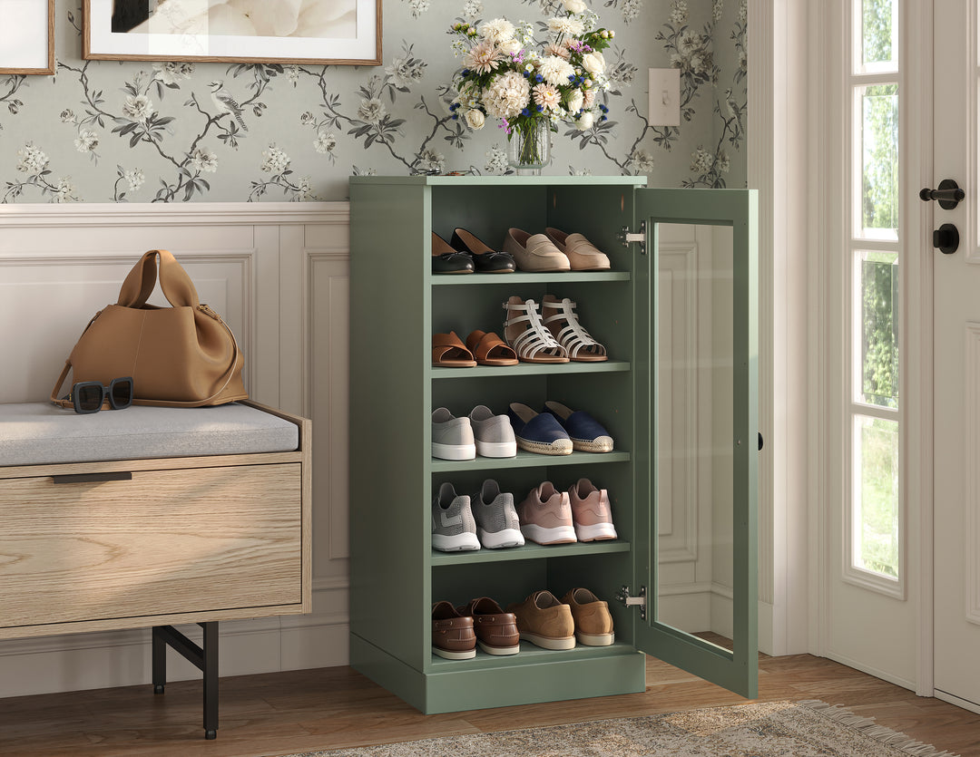 100% Solid Wood Narrow Glass Door Shoe Storage Cabinet with Adjustable Shelves, Space Saving Stackable Organizer, 16.5" W x 35.75" H